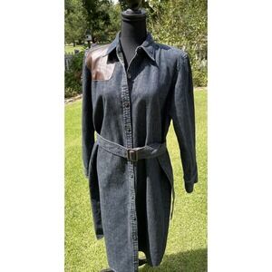 Vintage Ralph Lauren Western Denim Leather Maxi Dress Duster With Belt